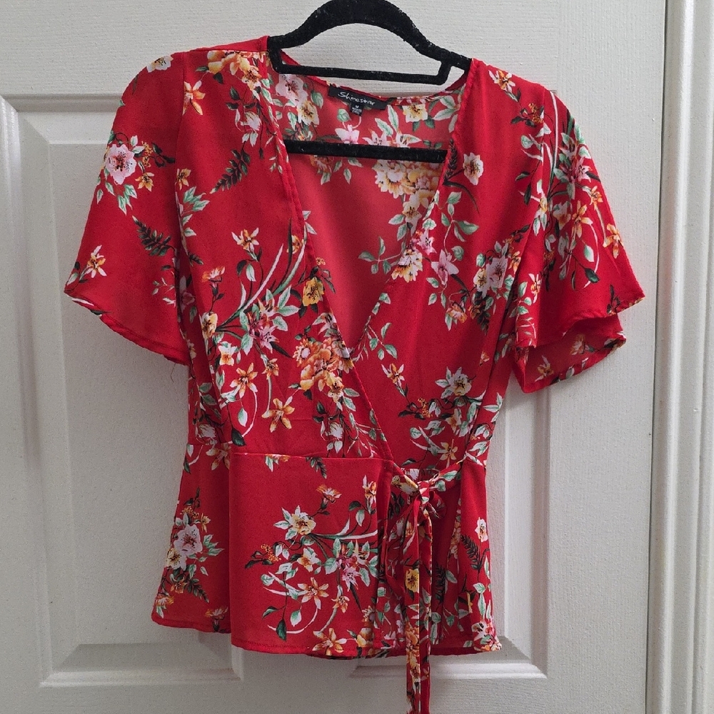 Shinestar Red Floral Wrap Blouse